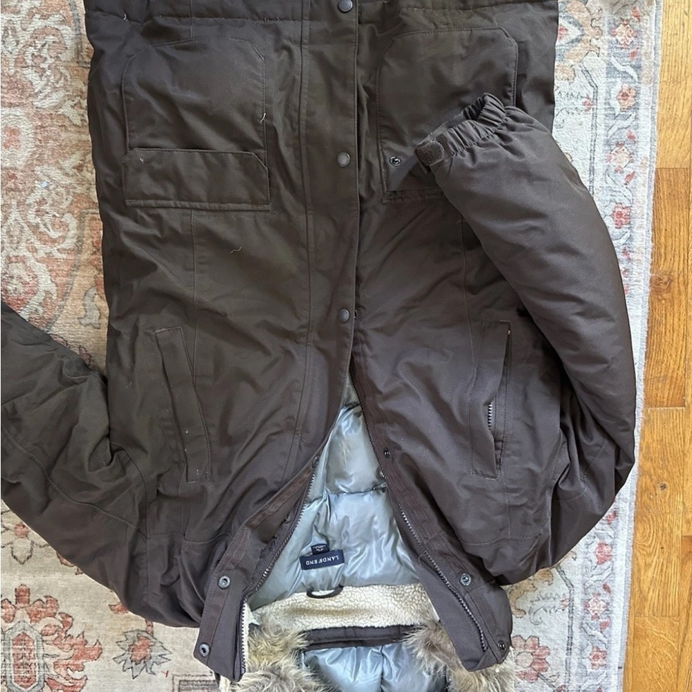 Lands' End Brown Jacket boys with Fur hood. Parka
